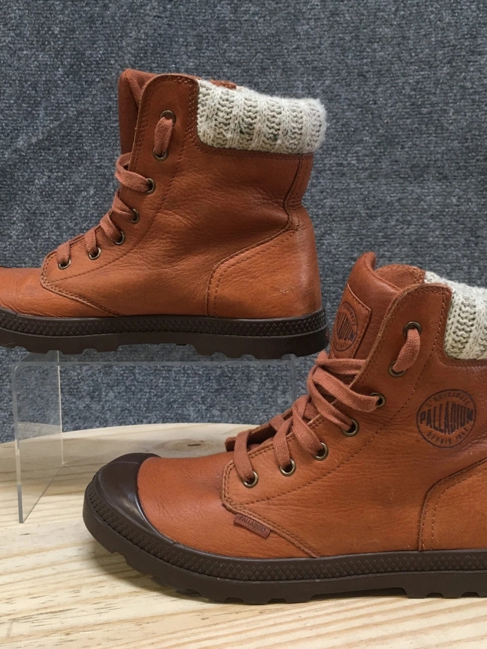 Palladium Brown Leather Lace-Up Knit Cuff Boots